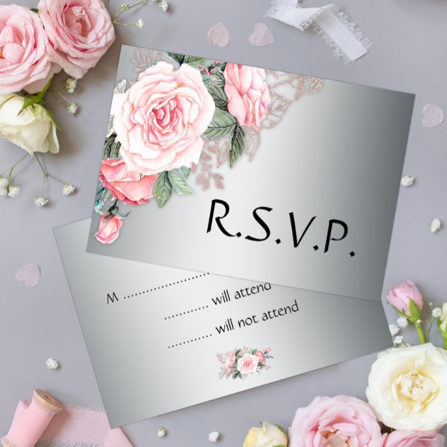 Pink Roses and Silver Wedding RSVP (Creator Uploaded)