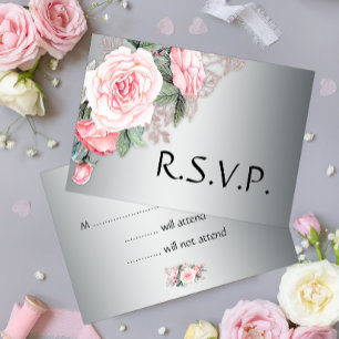 Pink Roses and Silver Wedding RSVP Card