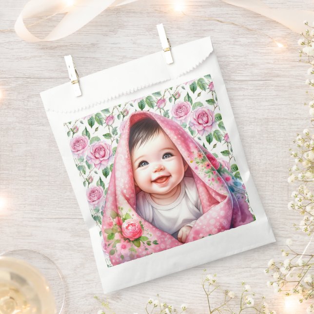 Pink Roses and Smiling Baby Girl's Baby Shower Favour Bags (Clipped)