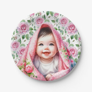 Pink Roses and Smiling Baby Girl's Baby Shower Paper Plate