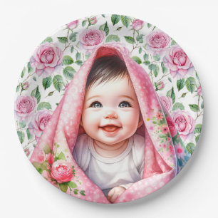Pink Roses and Smiling Baby Girl's Baby Shower Paper Plate