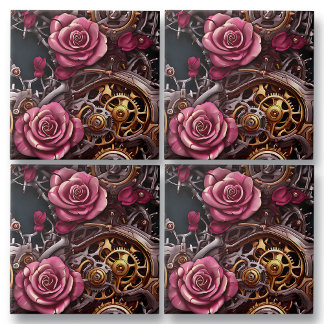 Pink Roses and Steampunk Metal Gears Tile