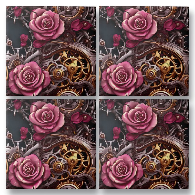 Pink Roses and Steampunk Metal Gears Tile (Creator Uploaded)