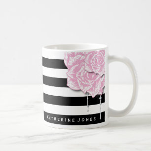 Pink Roses and Stripes Personalised Coffee Mug