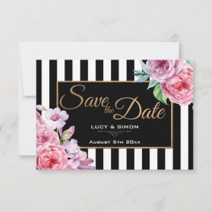 Pink Roses and Stripes Save the Date Card