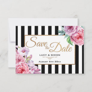 Pink Roses and Stripes Save the Date Card