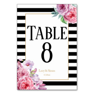 Pink Roses and Stripes Wedding Table Number