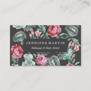 Pink Roses and Succulent Cactus Pattern on Black Business Card
