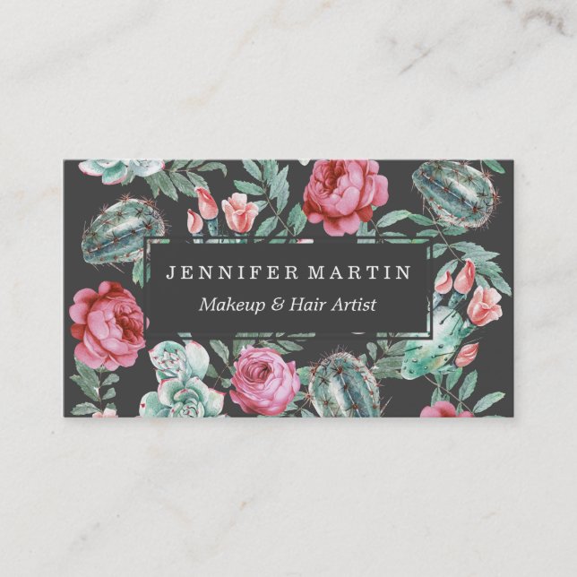 Pink Roses and Succulent Cactus Pattern on Black Business Card (Front)