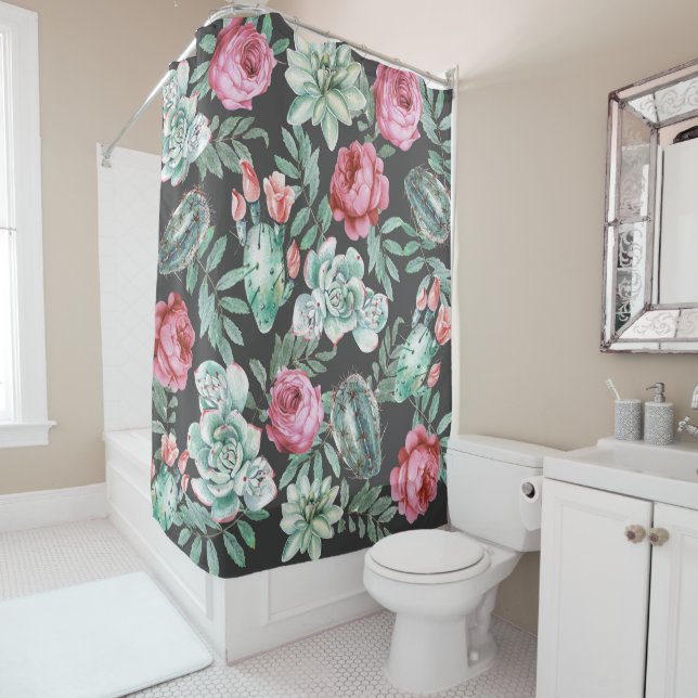 Pink Roses and Succulent Cactus Pattern on Black Shower Curtain (In Situ)