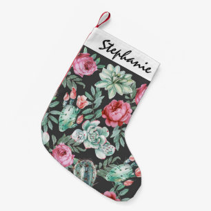 Pink Roses and Succulent Cactus Pattern on Black Small Christmas Stocking