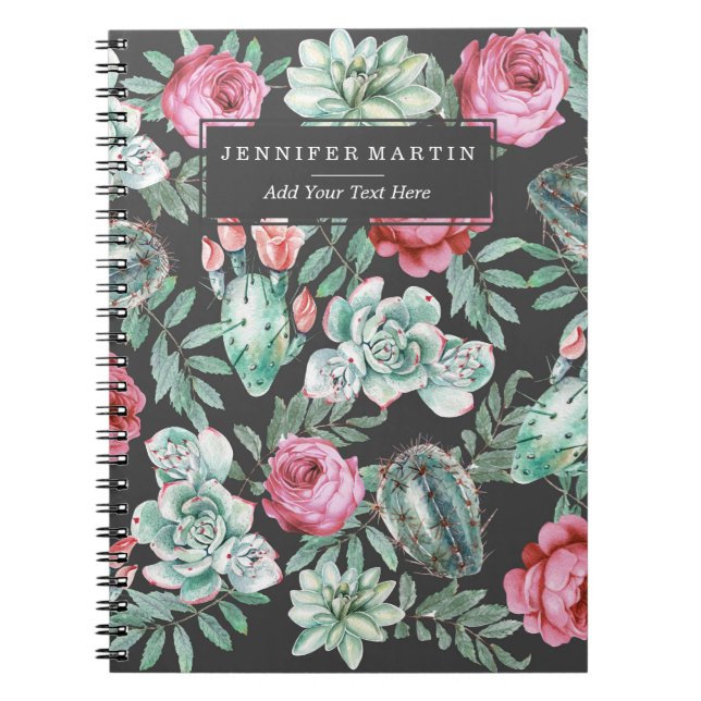 Pink Roses and Succulent Cactus Pattern on Black Spiral Notebook (Front)