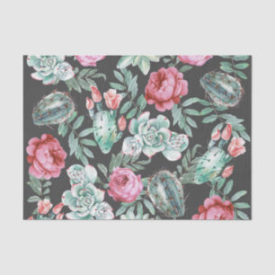 Pink Roses and Succulent Cactus Pattern on Black Tissue Paper