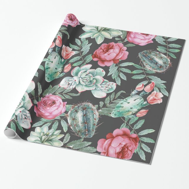 Pink Roses and Succulent Cactus Pattern on Black Wrapping Paper (Unrolled)