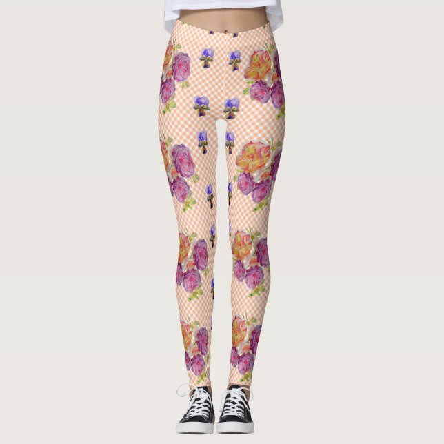 Pink Roses and Violets Shabby watercolor Leggings (Front)