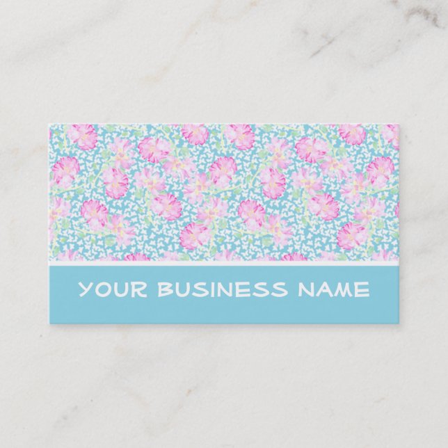 Pink Roses and White Butterflies on Sky Blue Business Card (Front)