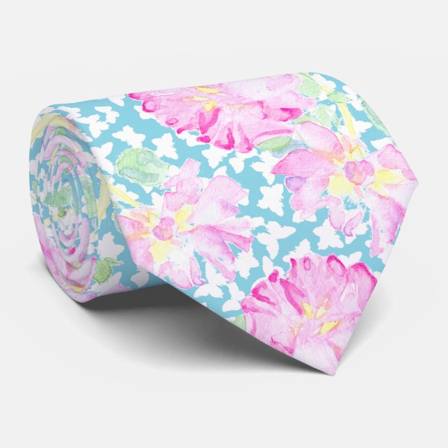 Pink Roses and White Butterflies on Turquoise Blue Tie (Rolled)