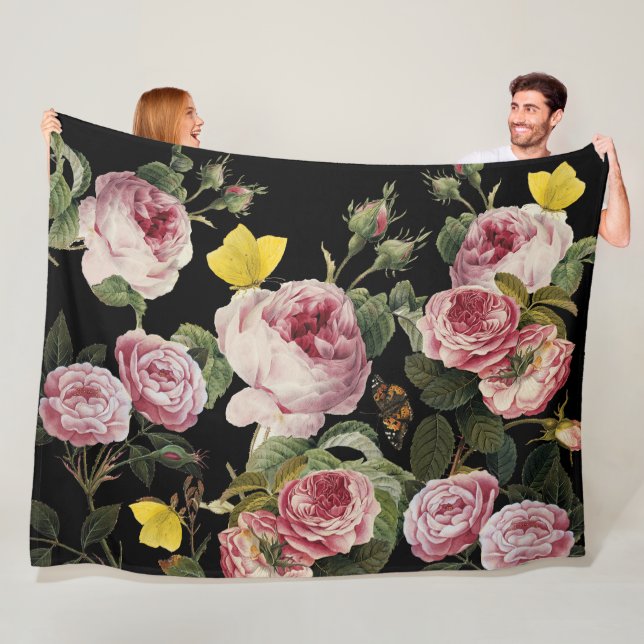 PINK ROSES AND YELLOW BUTTERFLIES Black Floral Fleece Blanket (In Situ)