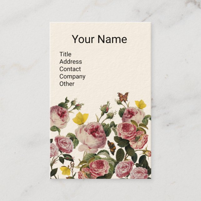 PINK ROSES AND YELLOW BUTTERFLIES White Floral Business Card (Front)
