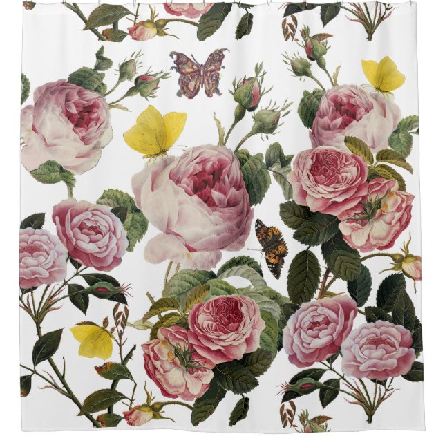 PINK ROSES AND YELLOW BUTTERFLIES White Floral Shower Curtain (Front)