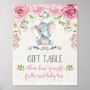 Pink Roses Baby Elephant Gift Table Sign Decor