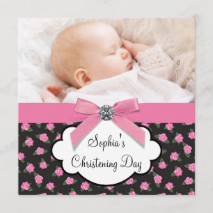Pink Roses Baby Girl Photo Christening Invitation