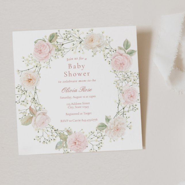 Pink Roses Baby's Breath Girl Baby Shower Invitation (Creator Uploaded)