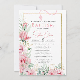 Pink Roses Baptism Girl Invitation