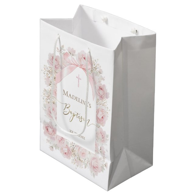 pink roses | Baptism Medium Gift Bag (Front Angled)
