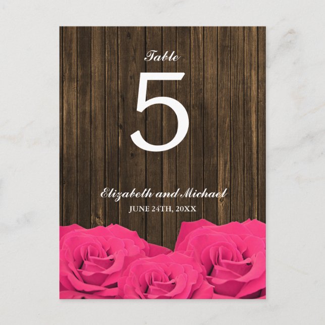 Pink Roses Barn Wood Wedding Table Number Postcard (Front)