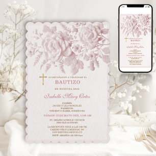 Pink Roses Bautizo Niña Faux Embossed Cross  Invitation