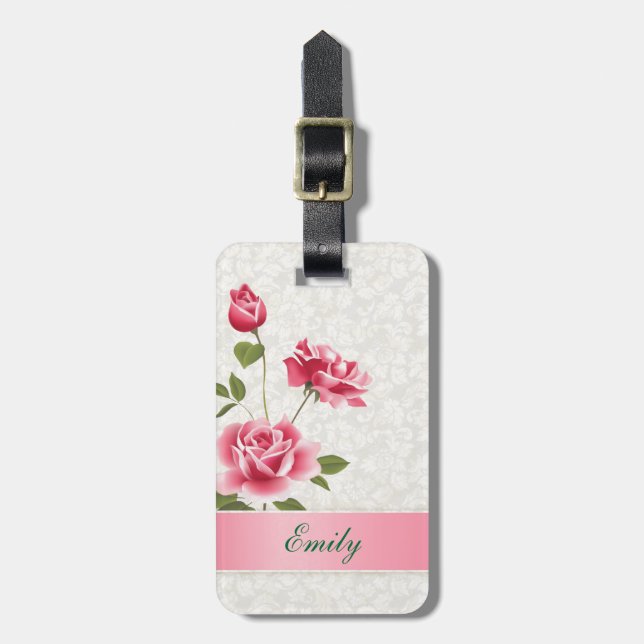 Pink Roses Beige Damasks Luggage Tag (Front Vertical)