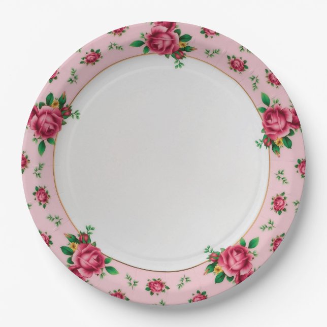 Pink Roses Birthday Party Paper Plates (Front)