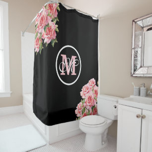 Pink Roses Black and White Striped Monogram Shower Curtain