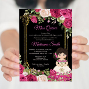 Pink Roses & Black Background Quinceanera   Invitation