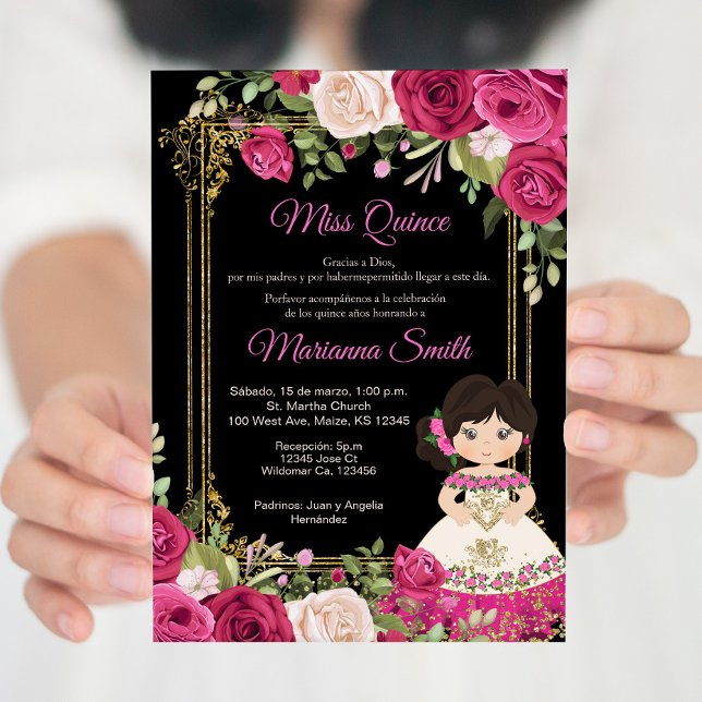 Pink Roses & Black Background Quinceanera   Invitation (Creator Uploaded)
