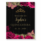 Pink Roses Black Gold Quinceañera Welcome Sign