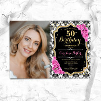 Pink Roses Black White Damask Photo 50th Birthday