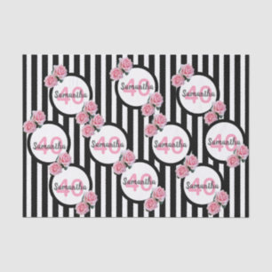 Pink roses black white stripes 40th birthday tissue paper
