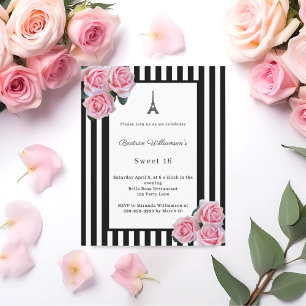 Pink roses black white stripes Paris Sweet 16