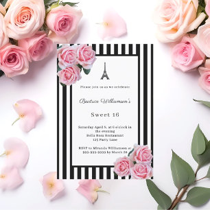 Pink roses black white stripes Paris Sweet 16 Invitation