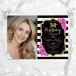 Pink Roses Black White Stripes Photo 50th Birthday Invitation<br><div class="desc">Elegant floral feminine 50th birthday invitation with your photo. Glam black white pink design with faux glitter gold. Features black and white stripes, blush pink roses, script font and confetti. Perfect for a stylish adult bday celebration party. Personalise with your own details. Can be customised for any age! Printed Zazzle...</div>