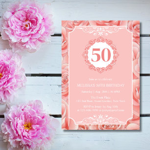Pink Roses Blossom Floral 50 Birthday  Invitation