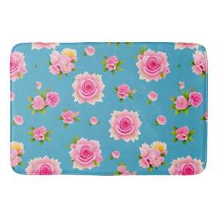 🌹 Pink Roses Blue Floral Pattern Elegant Decor ✨ Bath Mat