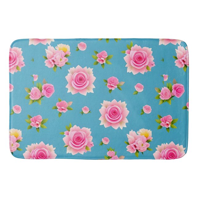 🌹 Pink Roses Blue Floral Pattern Elegant Decor ✨ Bath Mat (Front)