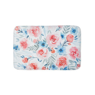 Pink Roses Blue Flowers Watercolor Floral Pattern Bath Mat
