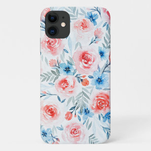 Pink Roses Blue Flowers Watercolor Floral Pattern Case-Mate iPhone Case