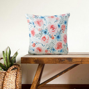 Pink Roses Blue Flowers Watercolor Floral Pattern Cushion