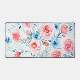 Pink Roses Blue Flowers Watercolor Floral Pattern Desk Mat