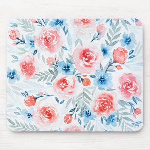 Pink Roses Blue Flowers Watercolor Floral Pattern Mouse Pad
